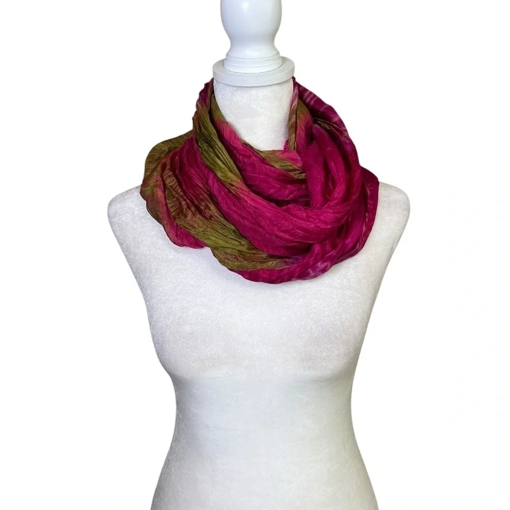 VTG Infinity Scarf Shawl Cowl Wrap Fuchsia Olive Green Silky Boho Colorful Chic